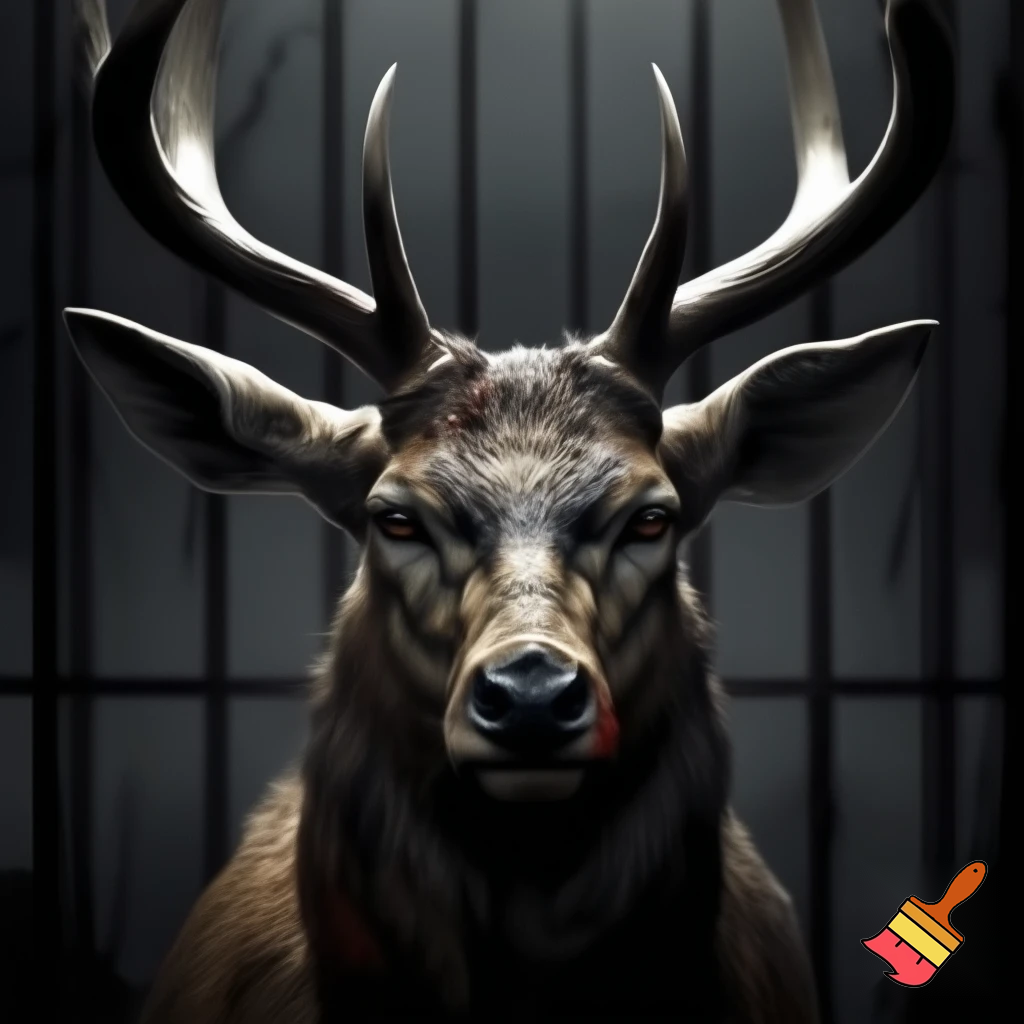 picture of a mugshot deer with scars and a serious face holding a lineup