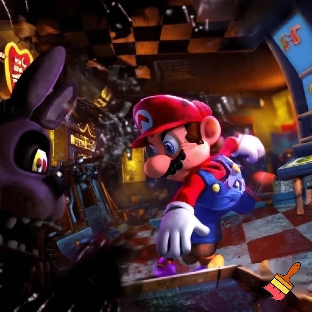 Mario playing five nights at Freddy's pizzeria simulator