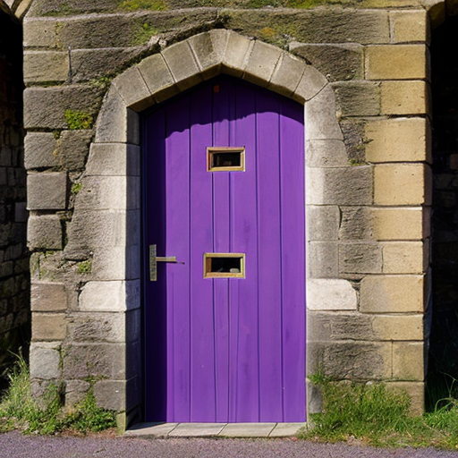 Oak door under a medieval bridge with purple portal inside 