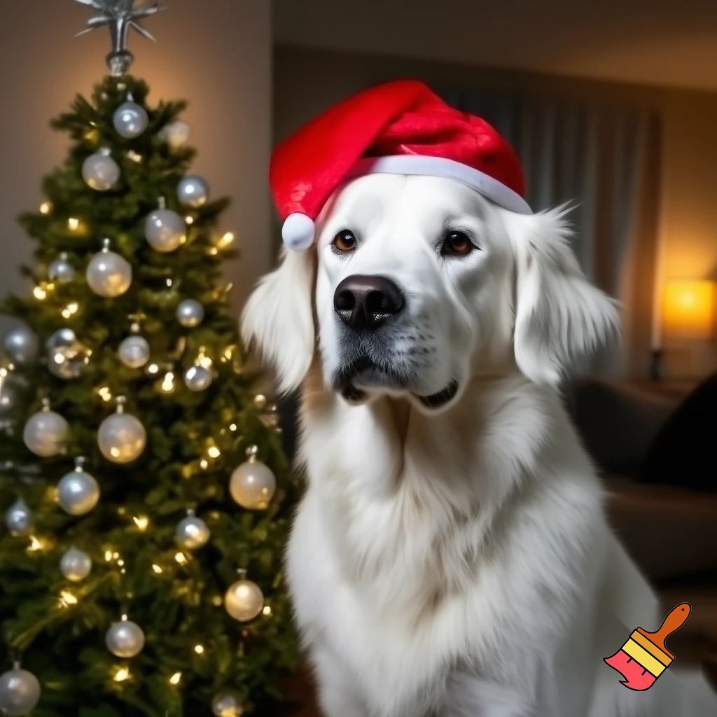 een witte golden retriever met een rode kerstmuts en een kerstboom
