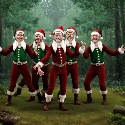 Create five male elves singing and dancing in the middle of the forest, who are not Christmas-themed and have more realistic and well-shaped faces.