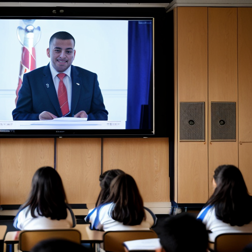 Students watched a recording of the speech delivered at a school assembly in Abu Dhabi.
•	The speaker begins in a calm voice and pauses briefly before the word “future.”
•	When he says “the potential of our youth,” he raises his voice for emphasis.
•	He points toward the students sitting in front of him and smiles.
•	A large screen behind him shows images of rockets launching and students studying in classrooms.
•	The audience begins clapping before the speech ends, and the speaker nods in response.

