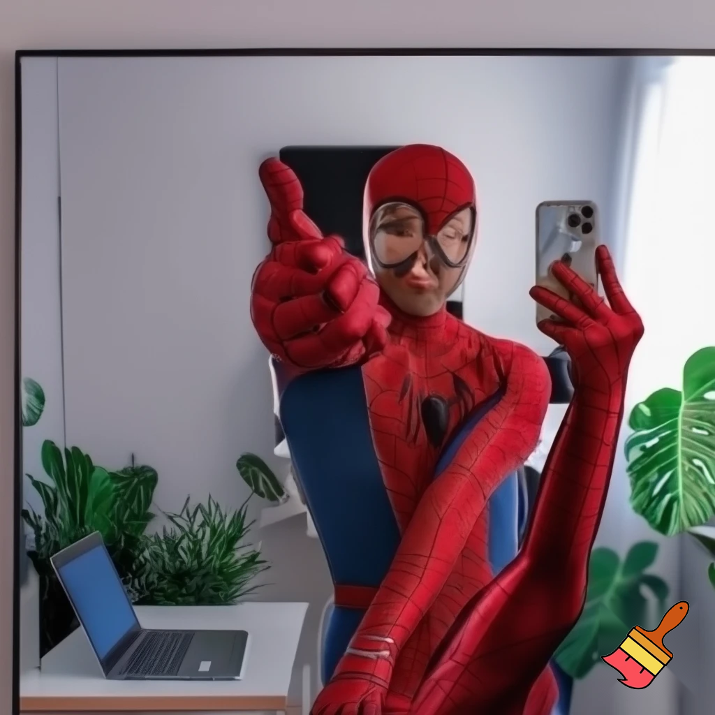 Un joven vestido con el traje de Spider-Man, sin máscara, en su elegante habitación personal. Está tomando una foto de sí mismo frente al espejo. En el fondo se ve un escritorio moderno con una laptop, algunas plantas verdes decorativas, iluminación clara y paredes de fondo claro. El espejo refleja su rostro y parte del traje. Ambiente limpio, luminoso, estilo fotográfico realista, cámara a nivel de los ojos, lente 50 mm, luz natural suave entrando por la ventana derecha.”

