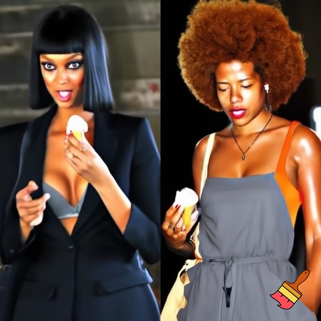 Tyra Banks and Kelis filming Commercial Behind The scenes Tyra Banks has a black sleek middle part bob hair and is wearing a black suit and a grey bra eating ice cream and Kelis has a brown voluminous curly hair Afro wearing a grey jumpsuit and a orange camisole 