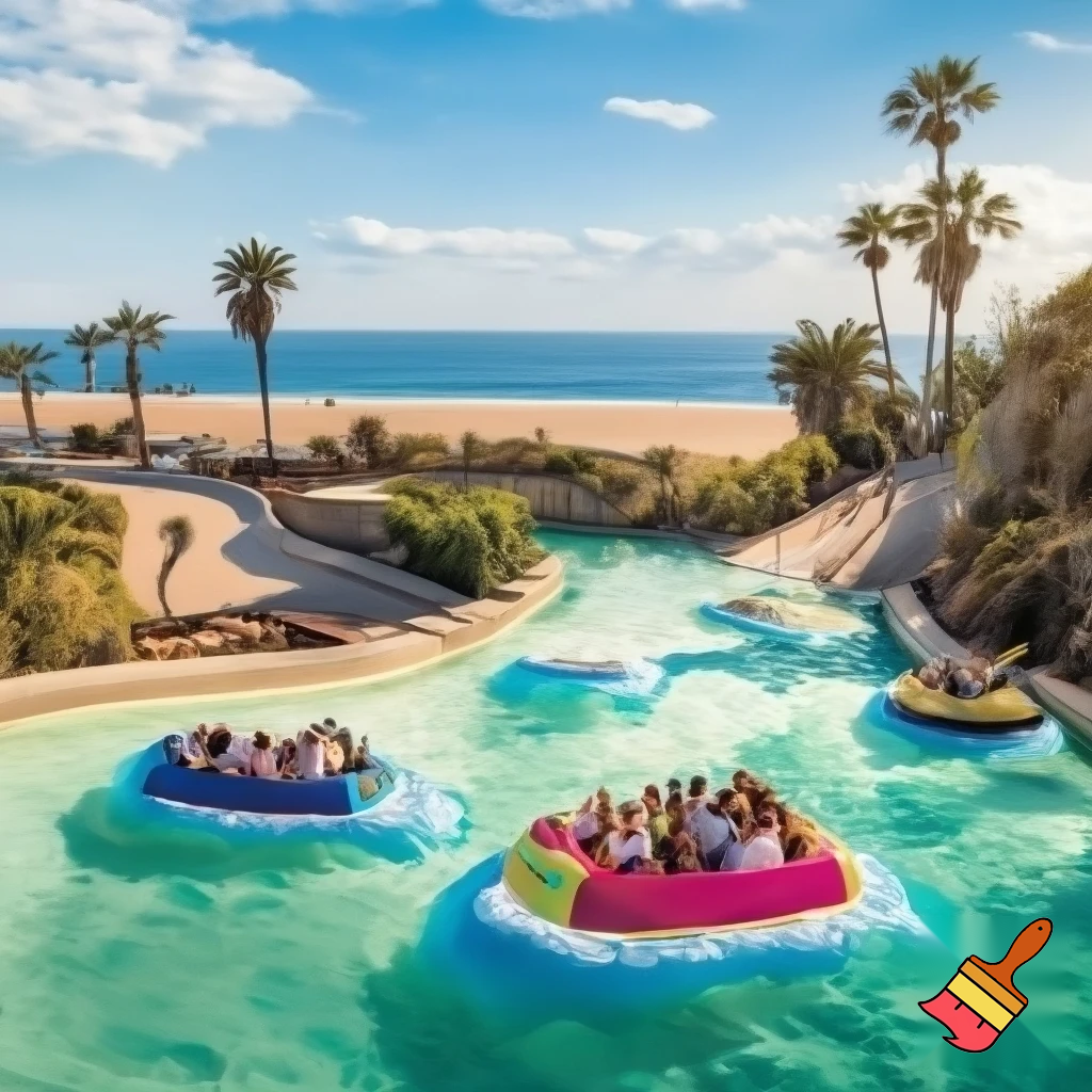 Create a realistic water boat theme park ride inspired in beachy Malibu with a fun vibe. Add path