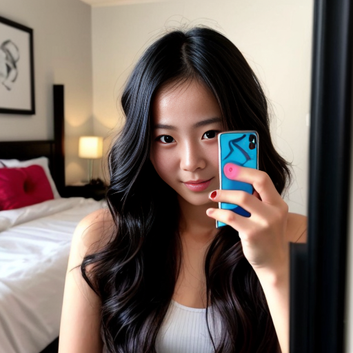  L'immagine mostra una ragazza asiatica  dai capelli scuri e ondulati che scatta un selfie allo specchio in quella che sembra essere una camera da letto. La persona è in piedi, con una mano sollevata tra i capelli e l'altra che tiene lo smartphone per catturare l'immagine.
Sullo sfondo si notano diversi elementi tipici di una stanza vissuta:
Un letto con lenzuola chiare e cuscini di vari colori.
Alcuni oggetti personali sparsi, tra cui capi di abbigliamento rossi e blu.
Una bottiglia d'acqua sul pavimento accanto alla struttura del letto
Nell'immagine si possono notare diversi elementi di abbigliamento e tessuti sparsi nella stanza:
Sullo sfondo, a sinistra, ci sono dei cuscini e delle lenzuola colorate sul letto.
A destra, appoggiati su una superficie, sono visibili dei capi di abbigliamento dai colori vivaci, in particolare un indumento di colore rosso acceso e uno blu.
In primo piano, la persona nell'immagine non indossa vestiti, ma sono presenti delle barre nere di censura sovrapposte alla foto