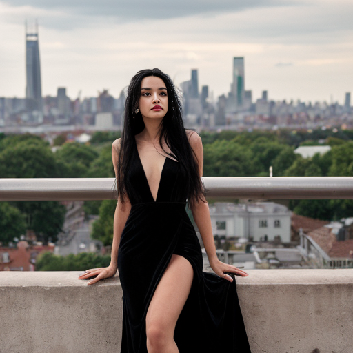 girl long black hair, city skyline, red mermaaid gown