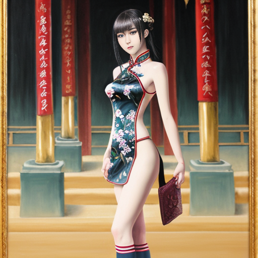 黑色长发女性，完美身材，完美动作，日式二次元手绘，全身照，黑色缎面镂空旗袍，金色镶边中国龙暗纹，亮光白色过膝袜，中式庭院背景，夜景，妩媚的眼神，手拿一节梅花枝，精致画风，完美作品