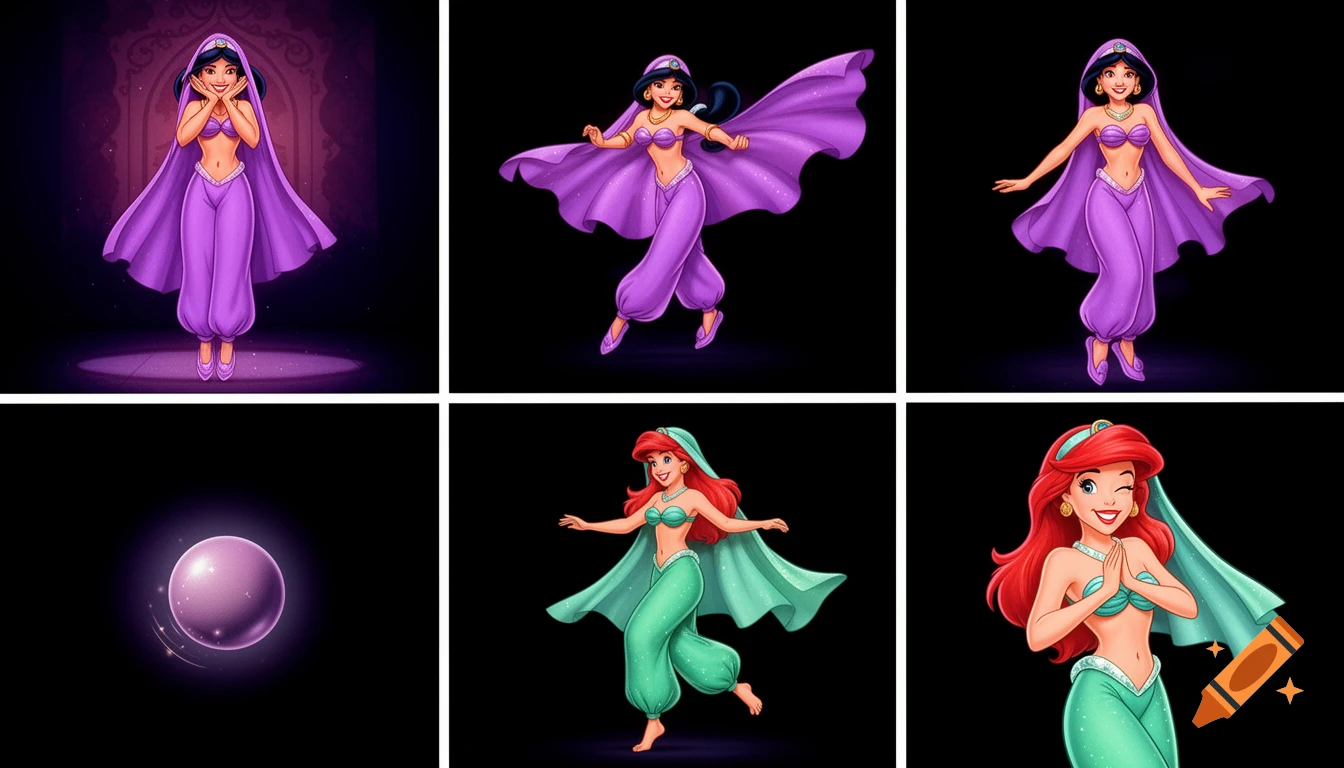 90's disney's 2d aladdin style comic black background and panels of 
panel 1 princess jasmine  with purple harem pants and bra and purple curved slippers with both hand palms place together and hiding the bottom of her mouth with a purple veil wrapped around her arms and attached to her head. 
panel 2 she danced with purple harem pants with purple bra and Purple curved slippers and with purple veil wrapped around her arms and attached to her head and raising legs and bounced up and down her belly and shook her hips left and right. 
panel 3 as princess jasmine with purple harem pants and purple bra and purple curved slippers and with a purple veil wrapped around her arms and shoulders and spreading her arms, happily revealing her face to the viewer and giving a smile as she turns around shook her butt left and right. 
Panel 4 Princess jasmine with purple harem pants and purple bra and purple curved slippers with purple veil started to fading away , except her belly, which transforms into a ball bouncing around. 
Panel 5 then the ball transforms into the fading in belly of ariel barefoot with green harem pants and green bra and veil wrapped around her arms and attached to her head with her swaying her hips and spreading her arms. 
Panel 6 ariel barefoot with green harem pants, green bra and veil wrapped around her arm with her hand palms place together between her chest and gives a smile and winking her left eye. 