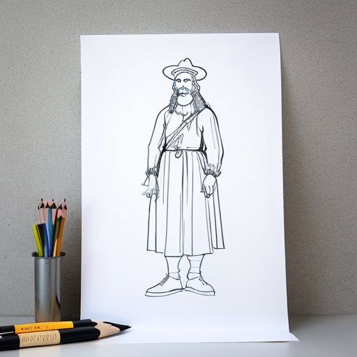 Make a easy to draw sketch of an old Leonardo da vinci leaning on a wall
