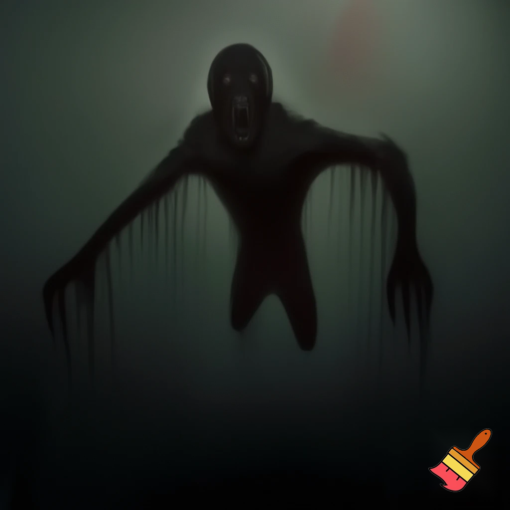 Quiero generar una imagen de terror donde una entidad sin ojos emerge de la oscuridad. Su cuerpo está parcialmente cubierto por sombras, con la boca abierta en una expresión inquietante, como si estuviera observando directamente al espectador e invadiendo su espacio. La atmósfera debe transmitir una sensación de miedo y tensión, con iluminación tenue y un fondo sombrío que aumente el horror.