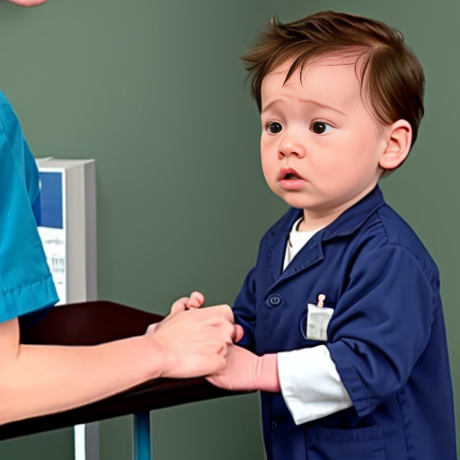 cartoon baby boy not smiling being checked on by the doctor

