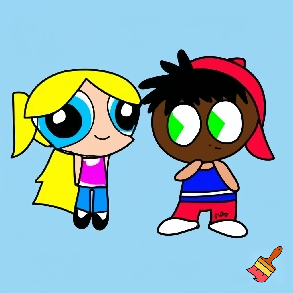 A Powerpuff-fied girl with yellow hair, blue eyes, black shoes, blue jeans, pink shirt and the ponytail. and A South Park-Fied boy with black hair, dark skin, green eyes, white shoes, red pants, blue shirt and a red cap.