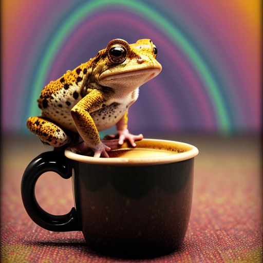 A hillarious, funny boho toad with some hippie colored coffee cups. Psychedelic decorated background.