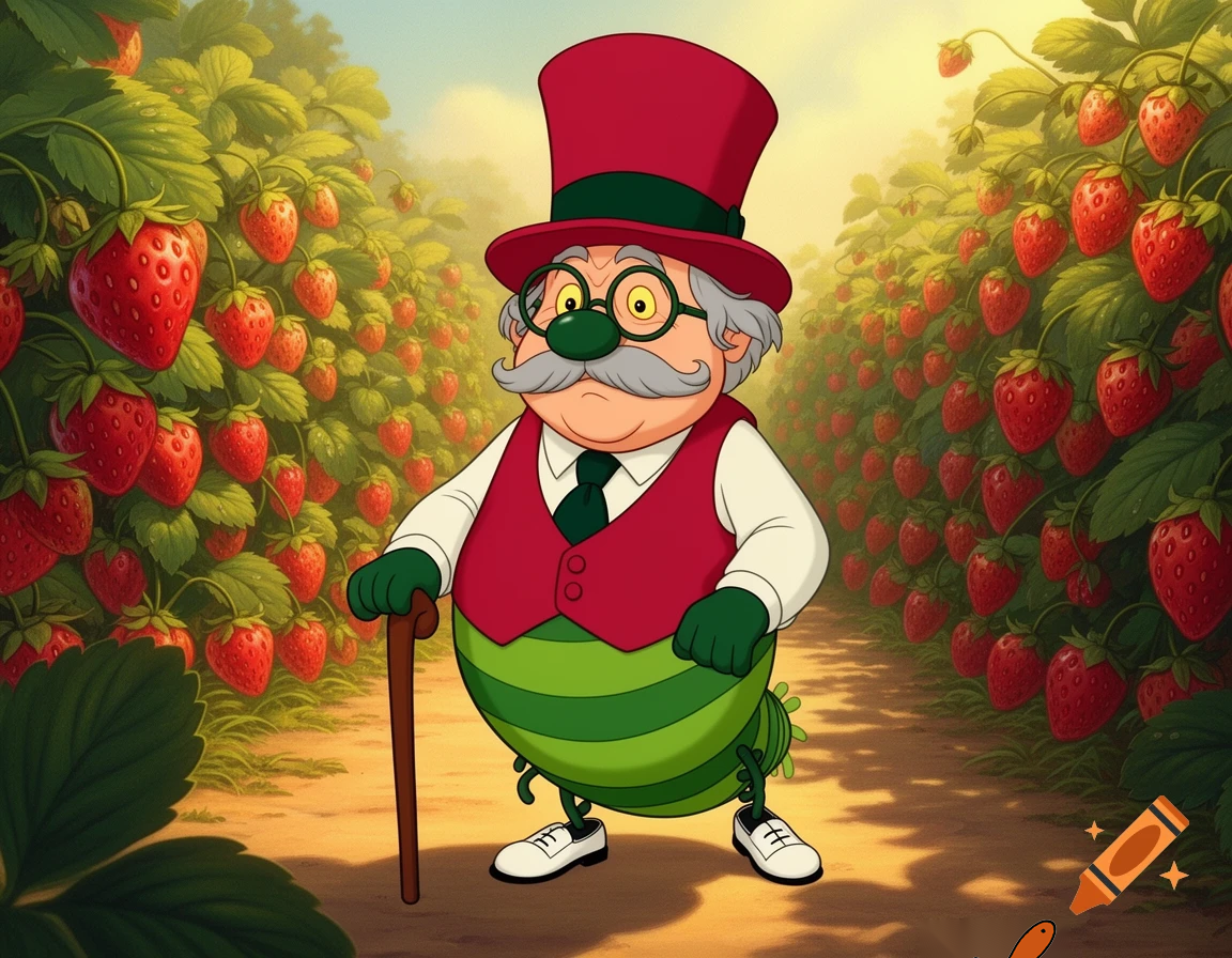 A scene from a 1980's animated Don Bluth movie of a portly elderly green striped caterpillar with a long face, light yellow eyes, a round dark green nose, round droopy cheeks, light gray sideburns, a bushy light gray moustache, & ten legs, wearing a pair of thick round glasses on his nose, a carnation-red top-hat with a dark green band, a carnation-red vest, a white collared undershirt with long sleeves, a dark-green necktie, dark-green gloves, dark-green oxford shoes with white spats, & carrying a brown walking cane as he trots down a pathway through a giant strawberry patch on a sunny day.