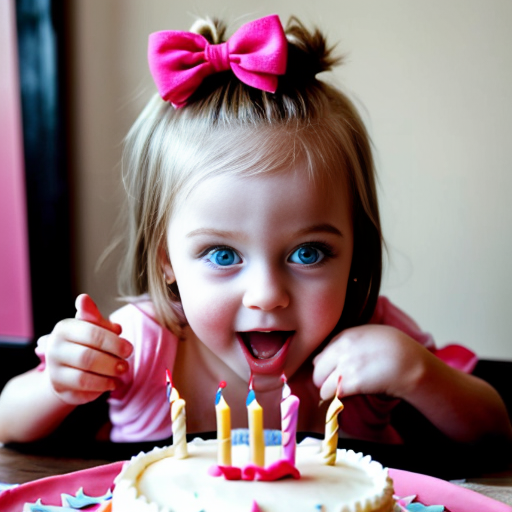 create a 2 year old daughter with blonde hair with blue eyes in pink on her birthday in front of a cake at a house 