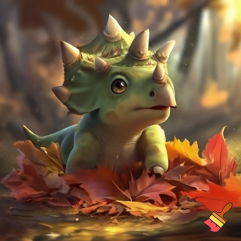 Draw a cute baby triceratops In the wild covering his head in a pile of leaves 