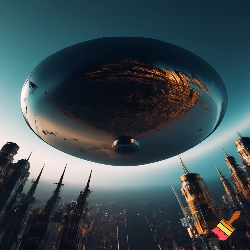Cinematic shot, extreme low-angle view looking up, a massive, mushroom-shaped alien spacecraft of suffocating scale hovers directly over a futuristic space city. The ship's underbelly dominates the entire sky, its smooth, liquid-mercury mirrored surface grotesquely reflecting the intricate city spires and panicked shuttles below. The city lights cast distorted, fragmented patterns on the vessel. The colossal craft casts a deep shadow over half the metropolis, creating an overwhelming sense of oppression and triggering megalophobia. In the foreground, the city's towers and communication antennas appear minuscule and toy-like. Hyper-detailed, sci-fi realism, ray tracing, dynamic blur, apocalyptic atmosphere, 8K, UHD.