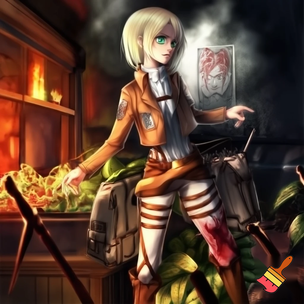 Morana Ambrose, little merchant (herbalist : sell average plants and tea) in Aot world, short woman (under 160cm), weightless, Wall Rose, childhood friend with Hange Zoë (same age as Hange Zoë and Levi Ackerman), her shop gets attacked and burned down by bandits, severely injured at the leg, she seeks Hange's help and stays in the Survey Corps HQ,One blue and one green eye platinum blond hair fair skin steampunk clothes in Aot style