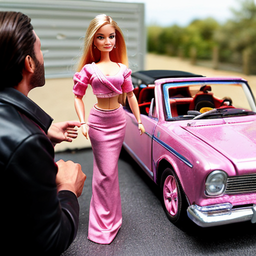 

Case 1 : voiture décapotable rose en panne avec fumée, Ken retrousse ses manches avec confiance devant le moteur, Barbie lève un sourcil sceptique.

