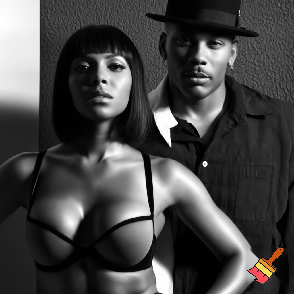 Black and white vogue photograph of Ashanti with a black sleek middle part bob hair wearing a grey and black bra and Nelly wearing a hat and button up shirt 