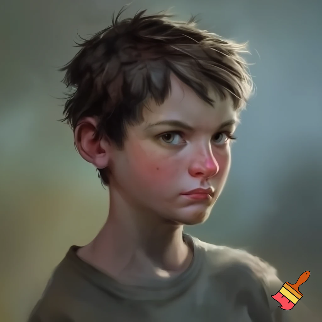 Boy about 11 years old with brown, patchy and sharp hair with dirty shirt