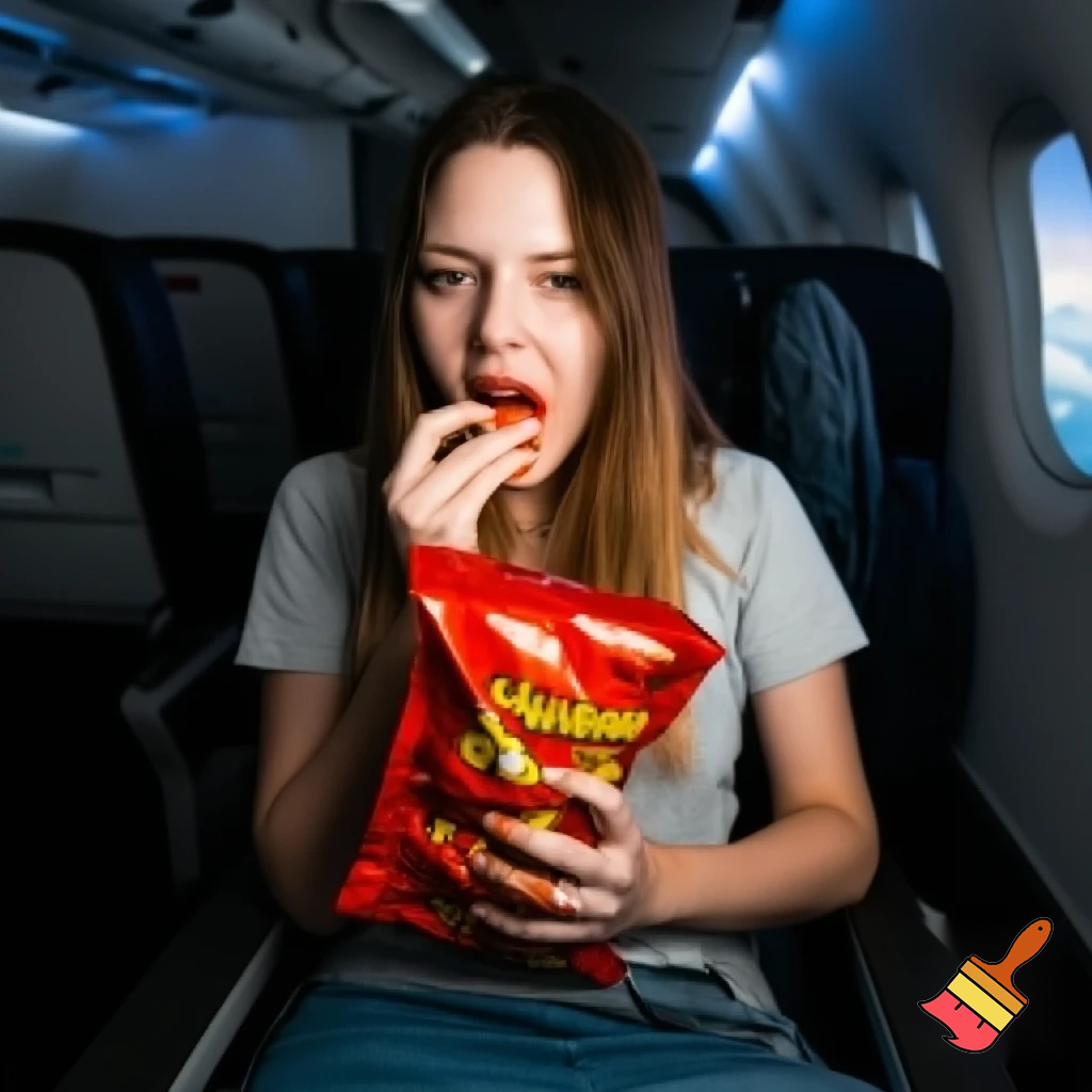 woman in a plane eats alot of hot cheetos