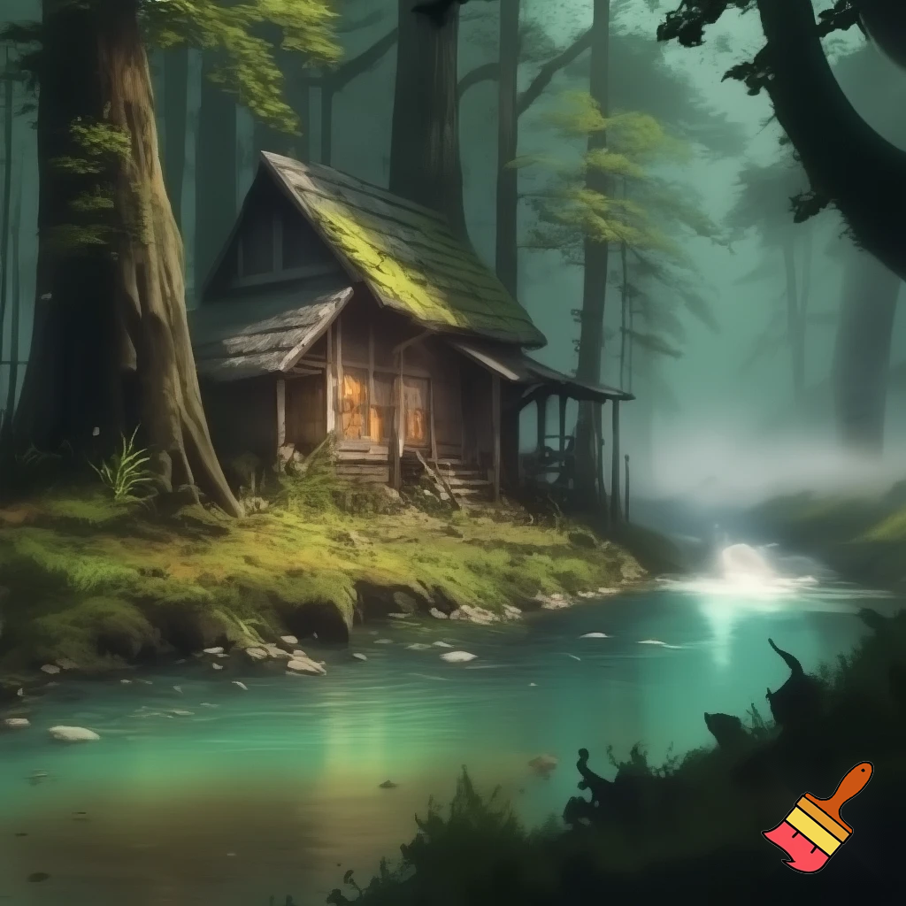 Small wooden cabin in a forest near a river