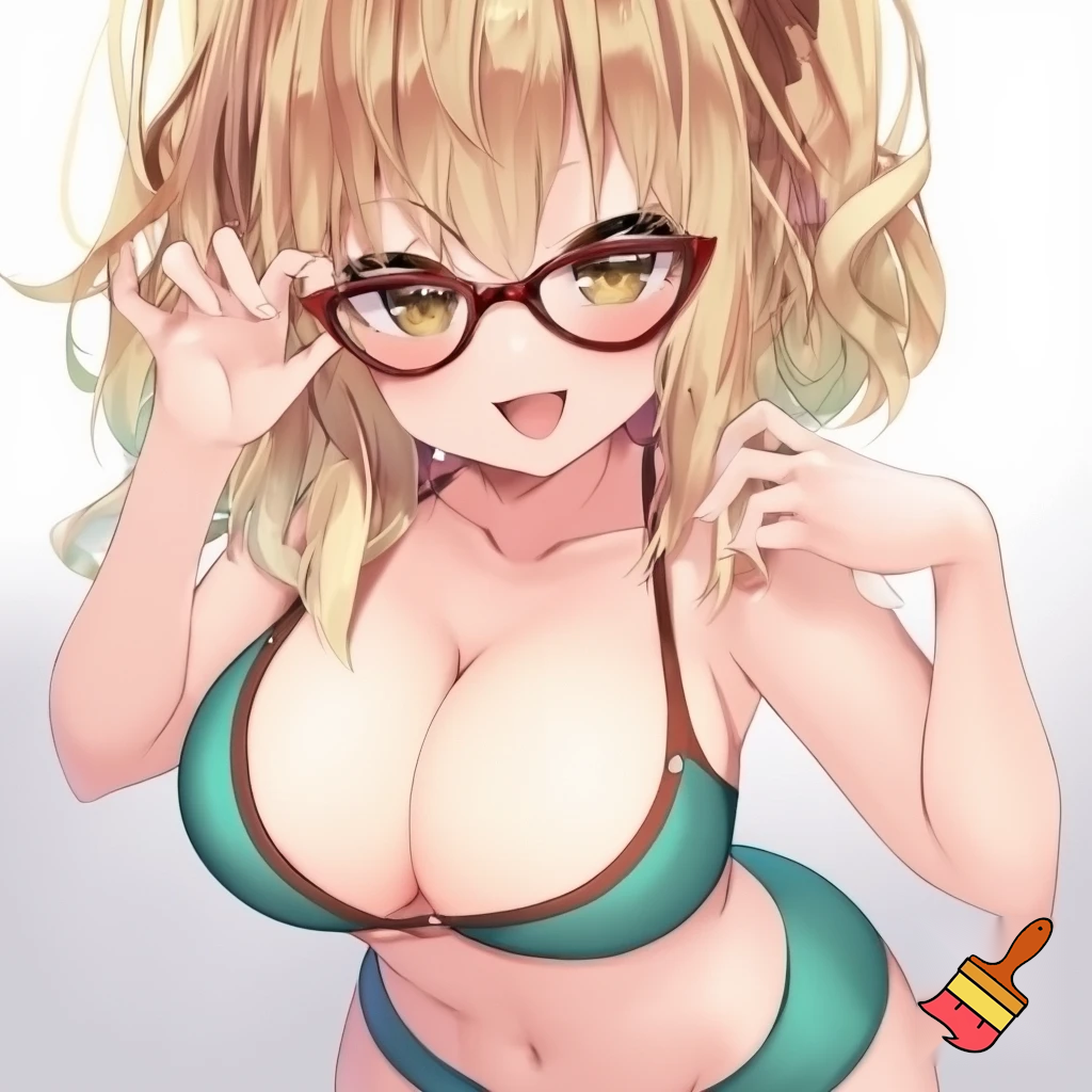 Anime girl with small breasts in a Bra and a Seductive Smile, cat eye glasses, cute with teal underwear clothes and blonde hair and hazel eyes