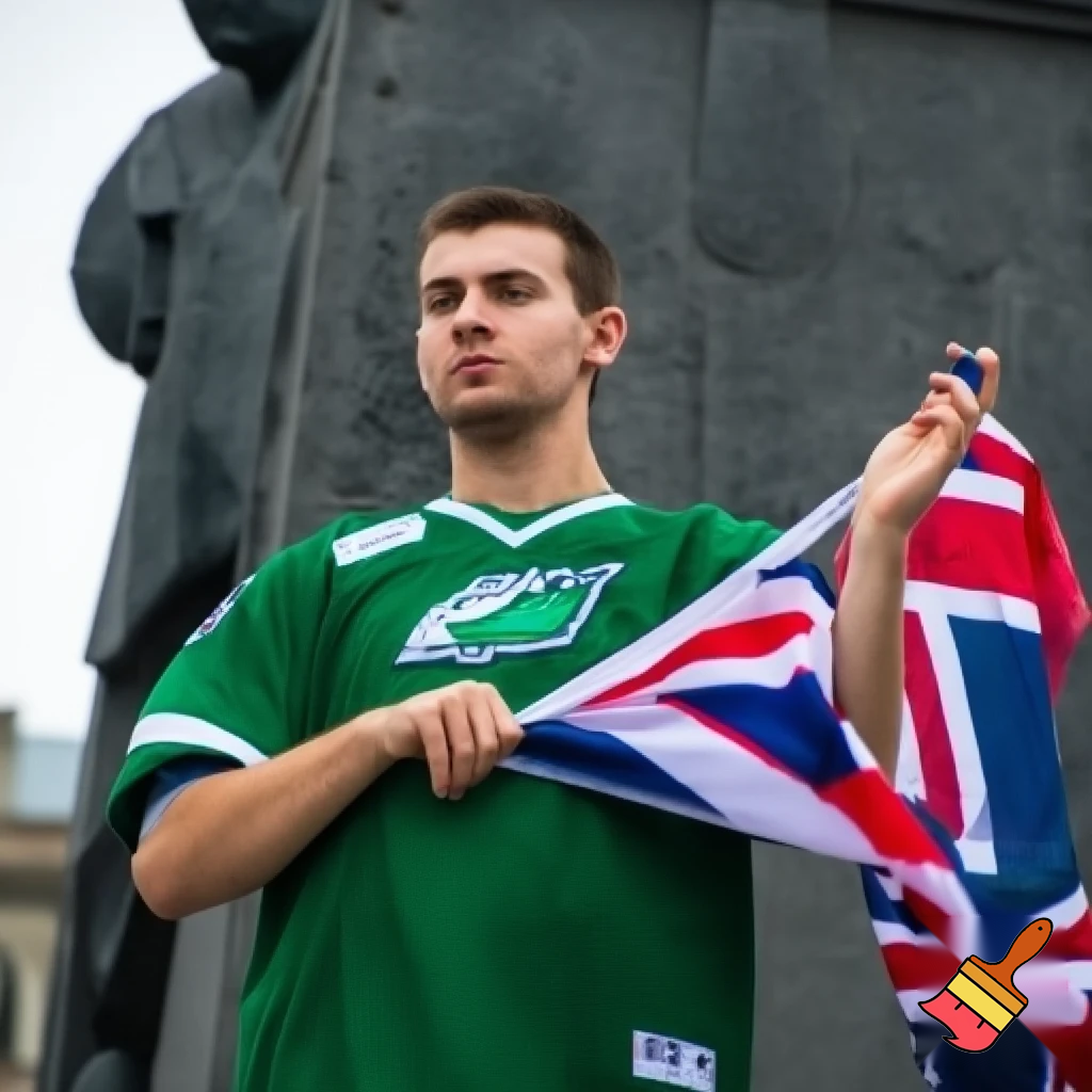 Young male, athletic build wearing Sask Roughrider jersey.  He's holding a union jack flag and standing in front of a statue of Winston Churchill.