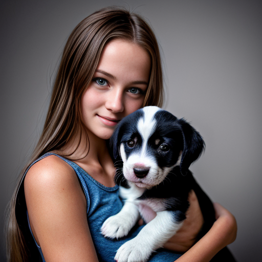 a girl with light brown long hair and blue eyes with an adourable puppy in her hand