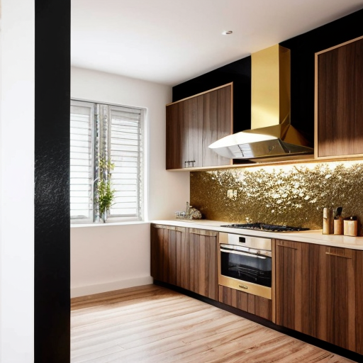 generate an interior picture of a room, with a 2.5-meter-long and 2.7-meter-high wall on the left, with 5 4-centimeter-wide pecan-colored boards on the left and right edges of the wall, and black wallpaper with gold-colored thin stripes in between. There is also a 60-centimeter-wide and 2-meter-high decorative panel with a floral pattern, and a 60-centimeter-wide and 2-meter-high mirror. the second wall begins with 50 cm of 4 cm wide pecked walnut-colored slats, followed by a 1.80 m long and 1.3 m high counter with a glass in the middle that is illuminated from the inside with yellow light, then 90 cm of slats that are pecked at regular intervals, and the wall ends with a door that matches the color of the counter. The third wall is covered with decorative plaster. Design this room in a modern and stylish manner.