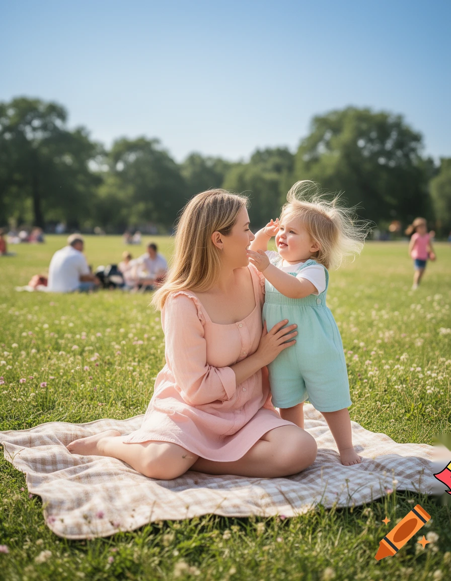 create a girl who is two years old with blonde hair with her mom who is 27years old with dirty blonde hair 