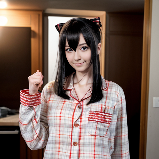 a anime girl with red plaid red pajamas and white shirt standing up


