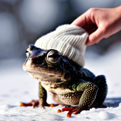 A laughable, puzzled animal toad in woolen, multicoloured winter clothings with woolen winter cap. Hyperrealistic art style.