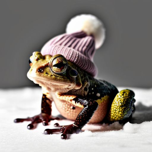 A laughable, puzzled animal toad in woolen, multicoloured winter clothings with woolen winter cap. Hyperrealistic style.