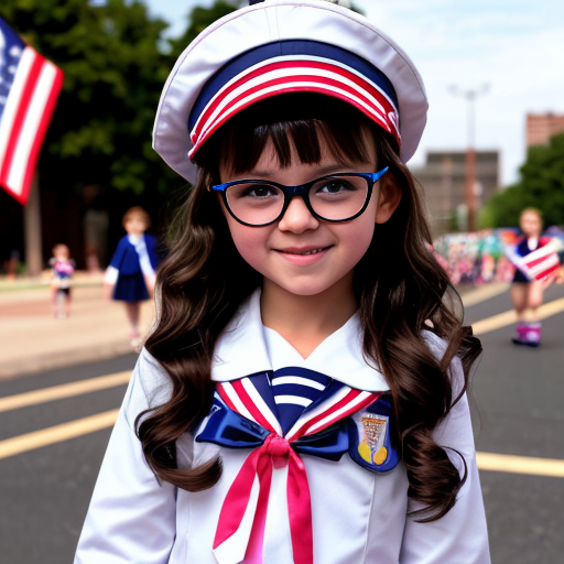 Cute adorable niña Chilindrina glasses con hair lazo curly con verano sailor uniforme escolar con zapatos negros escolar con calcetines blancos con sombrero sailor con grupal con caminar con desfile Estados Unidos América bandera con ciudad 59