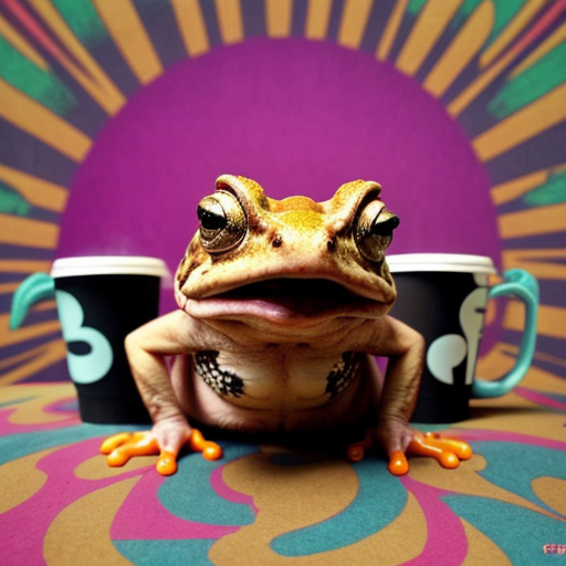A hillarious, funny boho toad with some hippie colored coffee cups. Psychedelic decorated background.