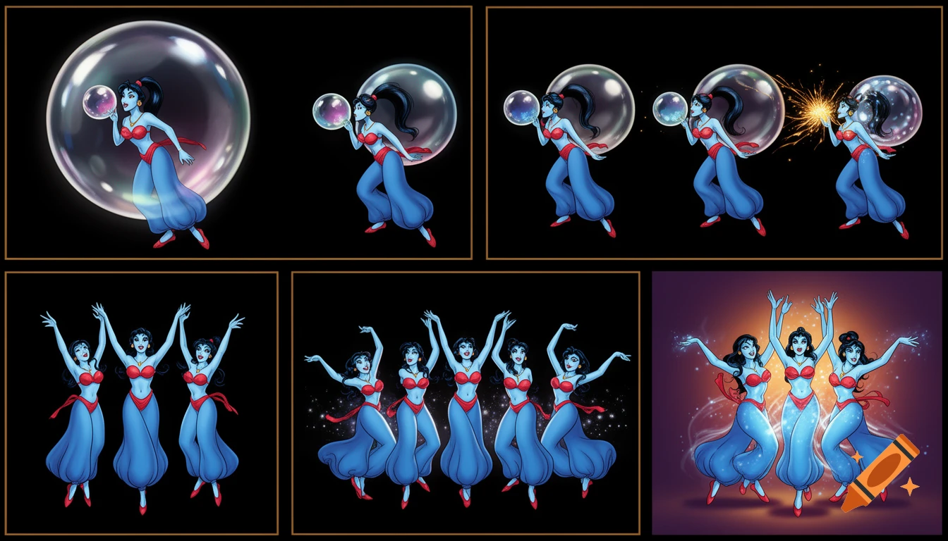 90's disney's 2d aladdin style comic black background and panels of panel 1 giant bubble that transforms into a black haired ponytail woman  with blue skin, blue harem pants red bra and red sash and red curved slippers. 
Panel 2 the blue skinned black haired ponytail woman with blue harem pants red bra and red sash and red slippers then blows a second bubble that transforms into another black haired ponytail woman with blue skin,blue harem pants, red bra and red sash and red slippers. 
Panel 3 then the second black haired ponytail blue skinned woman with blue harem pants and red bra and red sash and red curved slippers then blows a third bubble that transforms into the third black haired ponytail woman with blue skin, blue harem pants and red bra and red sash and red curved slippers. 
Panel 4 and then the third black haired ponytail woman with blue skin, blue harem pants and red bra and red sash and red curved slippers then blows a fourth bubble that transforms into the fourth black haired ponytail woman with blue skin blue harem pants and red bra and red sash and red curved slippers. 
Panel 5 Then the four black haired ponytail women with blue skin , blue harem pants, red bra and red sash and red curved slippers then raising their arms and hands together  
panel 6 and the four Black hair ponytail women with blue skin ,blue harem pants red bra , and red curved slippers swaying their hips. 
Panel 7 then the belly bugles of the four black haired ponytail Women with blue skin, blue harem pants, red bra and red sash and red curved slippers merging and fusing together and swelling. 