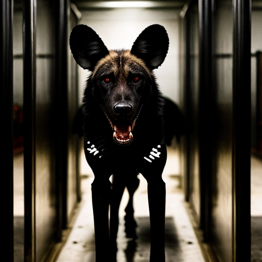 A black wild dog wearing a prison outfit looking DEADLY, sinister, angry and malicious