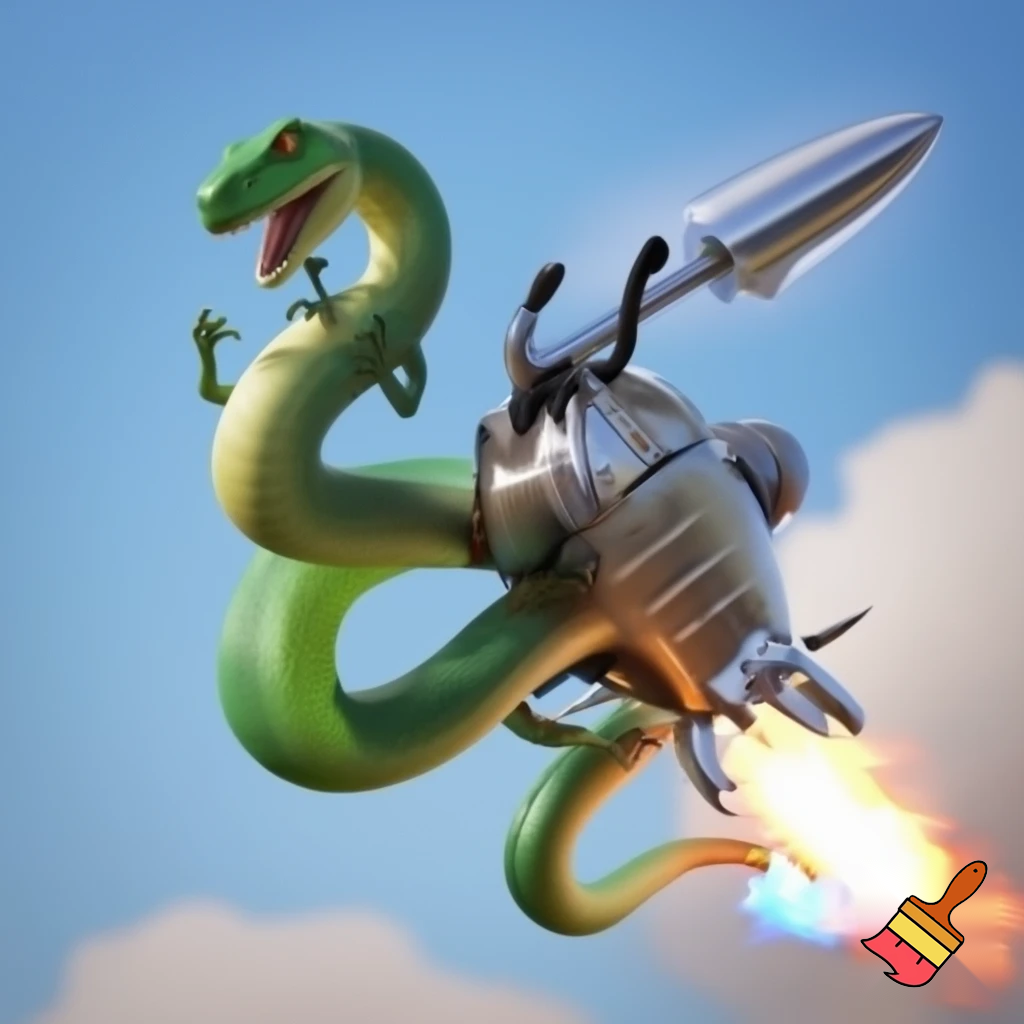 A snake with t-Rex arms and legs with a jetpack