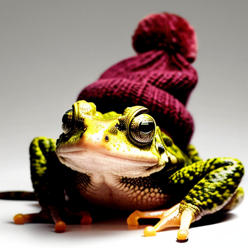 A laughable, puzzled animal toad in woolen, multicoloured winter clothings with woolen winter cap. Hyperrealistic style.