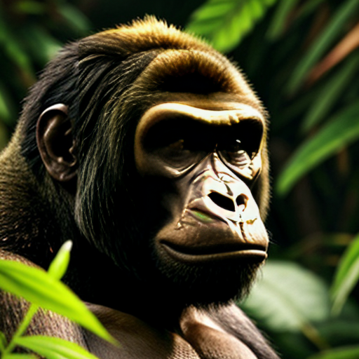 a big king gorilla with a golden leaf crown in the jungle with red eyes