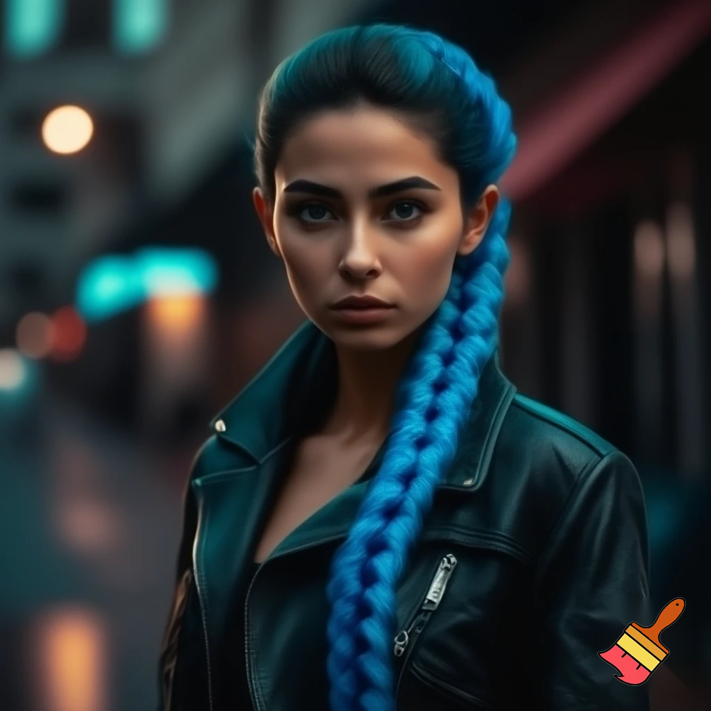 girl with blue braid and has a black jacket 