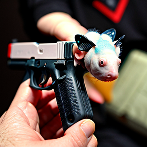 albino axolotl holding a small glock 19

