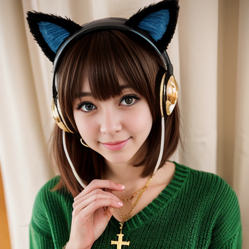Make a cute anime girl with brown hair and has green eyes and has dark green curtain bangs and has cat ears and a green sweater and black headphones on her neck and has a gold cross necklace and small gold hoop earrings 