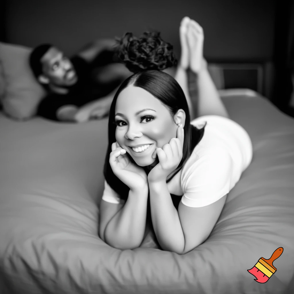 Black and white image of Mariah Carey with a brown sleek middle part low back bun wearing a white t shirt laying down on her stomach in bed with her 2 feet up 2 hands on her cheeks smiling and Nick Cannon is in the background chilling