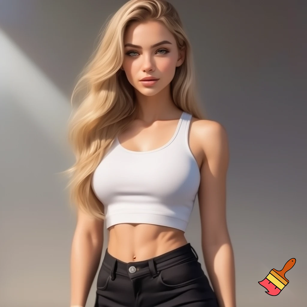 Photorealistic portrait of a blonde woman, approximately 22 years old, with long legs and athletic figure. She has long, naturally flowing blonde hair, light-colored eyes, oval face, almond-shaped brown eyes, average eye spacing, slim straight nose, naturally full lips, soft facial features, harmonious proportion , big boobs and delicate, harmonious facial features. Her overall presence is confident, natural, and modern.  Natural daylight. white croptop, black jeans.” 