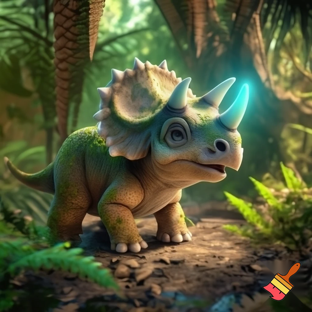 Draw a baby triceratops in the wild with a glowing nose horn