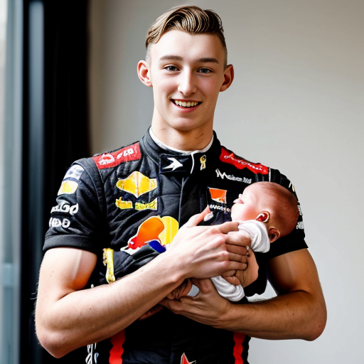 make an image of max verstappne hold a big johnsons baby oil next to charles lecrlec